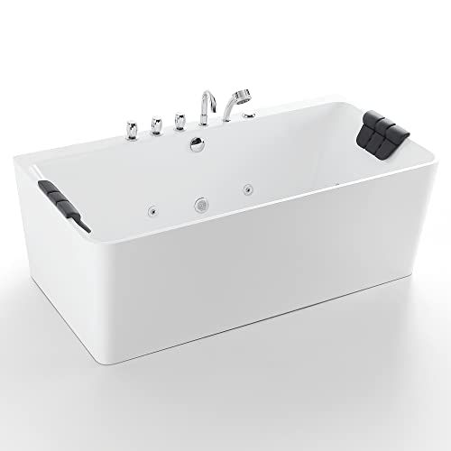 Empava 59-Inch Freestanding Whirlpool Bathtub Rectangular with 8 Hydromassage Adjustable Water Jets Luxury Acrylic Massage SPA Soaking Bath Tub Double Ended, White