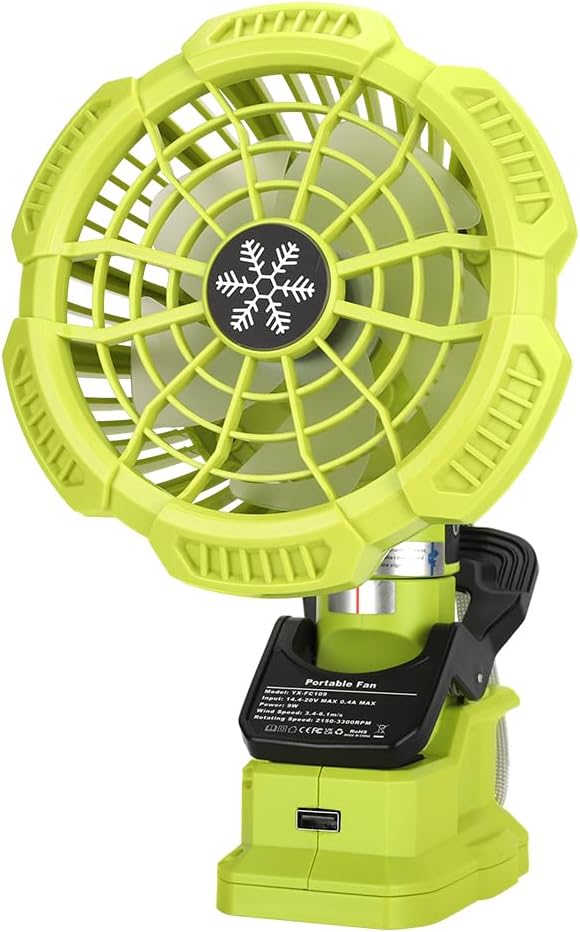 WaxPar For Ryobi 18-Volt Personal Battery Powered Clip Fan, Cordless Clamp Fan with USB Port Compatible with Ryobi 18V one+ Li-Ion Battery, 3 Speed Settings, Clamping Capacity, Adjustable Head
