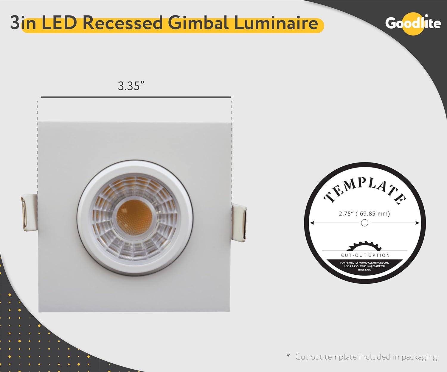 Goodlite 3-Inch Square White Recessed Gimbal Adjustable Swivel Eyeball LED Light, Selectable Color Temperature 27K-30K-35K-41K-50K, 8W, 650 Lumens, 120V, Dimmable, ETL, 1ct. (G-19851)