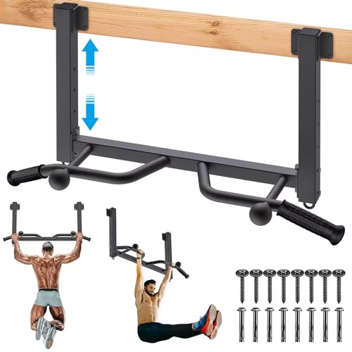 Joist Mounted Pull Up Bar - Heavy Duty Chin Up Bar - 4 Height Levels, Multi-Angle Grip, Rings for Accessories - Ideal for Home Gym Workout