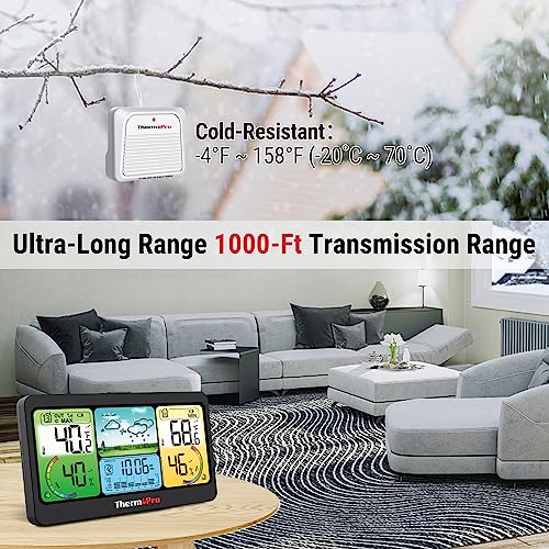 ThermoPro TP280 1000FT Home Weather Stations Wireless Indoor Outdoor Thermometer, Indoor Outdoor Weather Stations with Swiss-Made Sensor, Inside Outside Weather Thermometer Barometer with Forecast