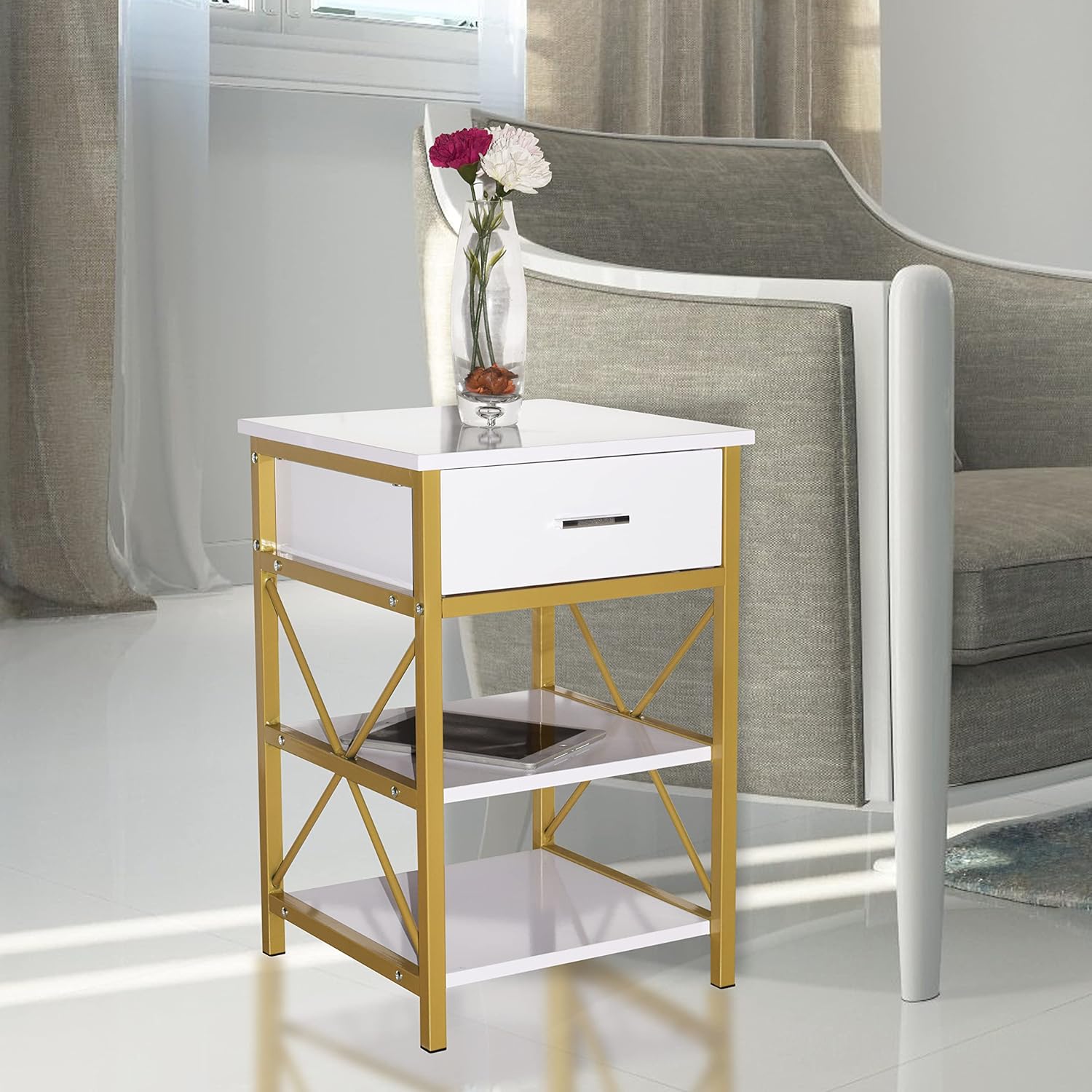 RAAMZO 3-Tier White and Gold Finish X-Design Nightstand Side Table with Drawer 24