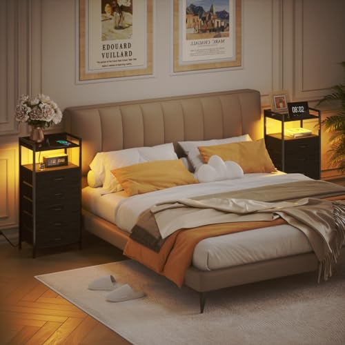 Furnulem White Nightstand with 5 Storage Drawer, Tall Dresser for Bedroom with Led Light and Charging Station, Side Table Nightstand for Closet, Fabric Bins, Metal Frame, Wood Shelf(White)