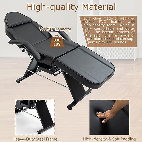 Massage Salon Tattoo Chair with Two Trays Esthetician Bed with Hydraulic Stool Multi-Purpose 3-Section Facial Bed Table Adjustable Beauty Barber Spa Beauty Equipment Black