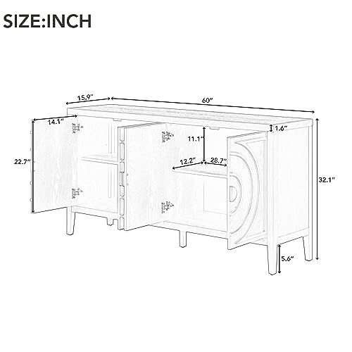 Sideboard Cabinet, Retro 4-Door Large Storage Space Buffet Cabinet with Adjustable Shelves and Circular Groove Design for Kitchen, Dining Room, Living Room (Black)