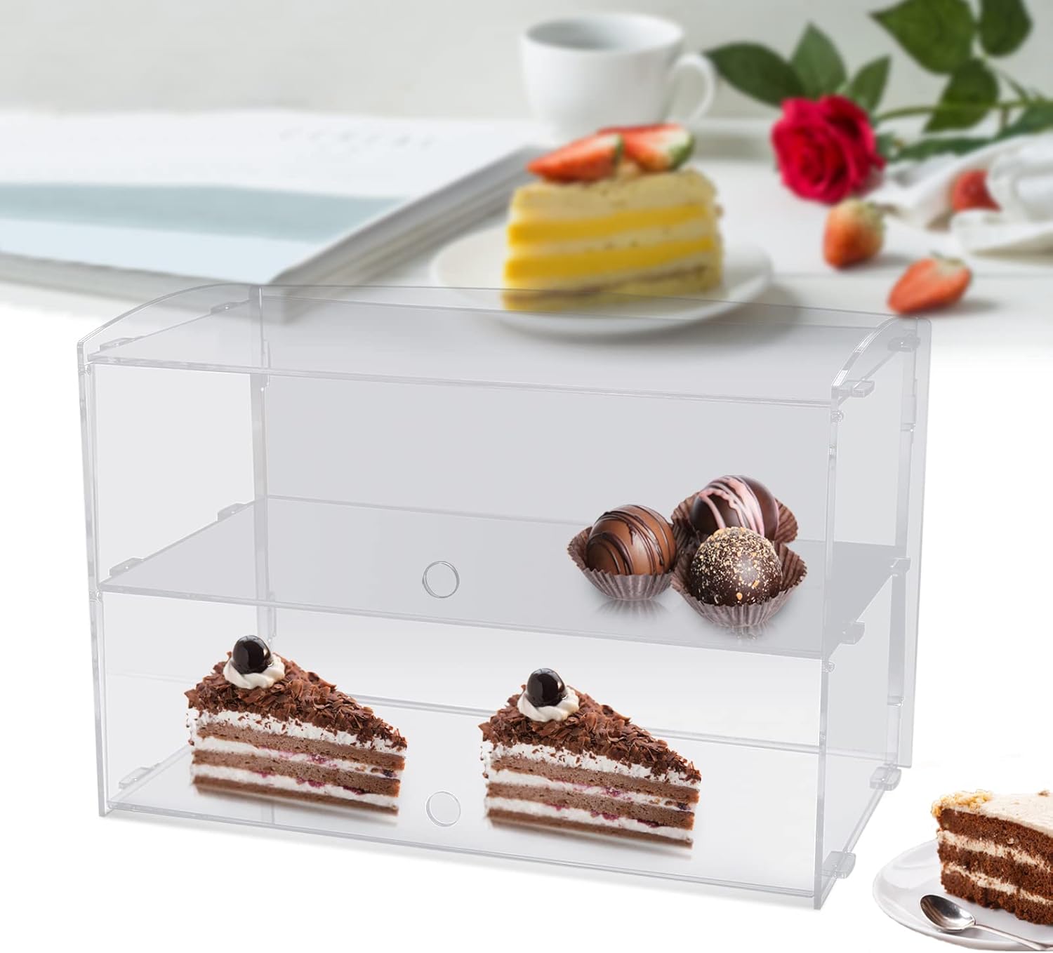 Pastry Display Case,2-Tier Removable Bakery Display Case Countertop with Lids, Commercial Home Acrylic Dessert Display Box with Front Door for Donut Bagels Cake Cookie, Clear