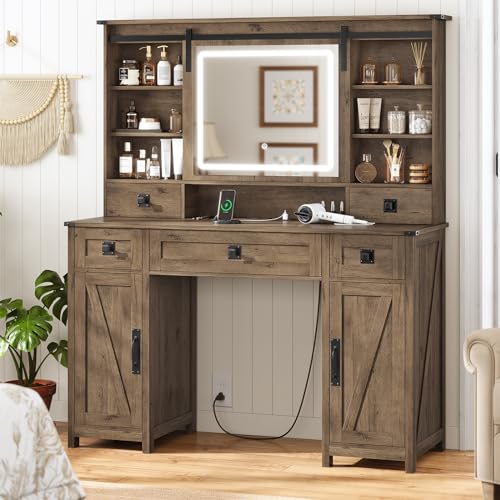 AOGLALTI Farmhouse Vanity Desk with Mirror and Lights, Makeup Vanity with Lights & Charging Station, Large White Vanity Table with Ample Storage Space and Sliding Mirror (White)