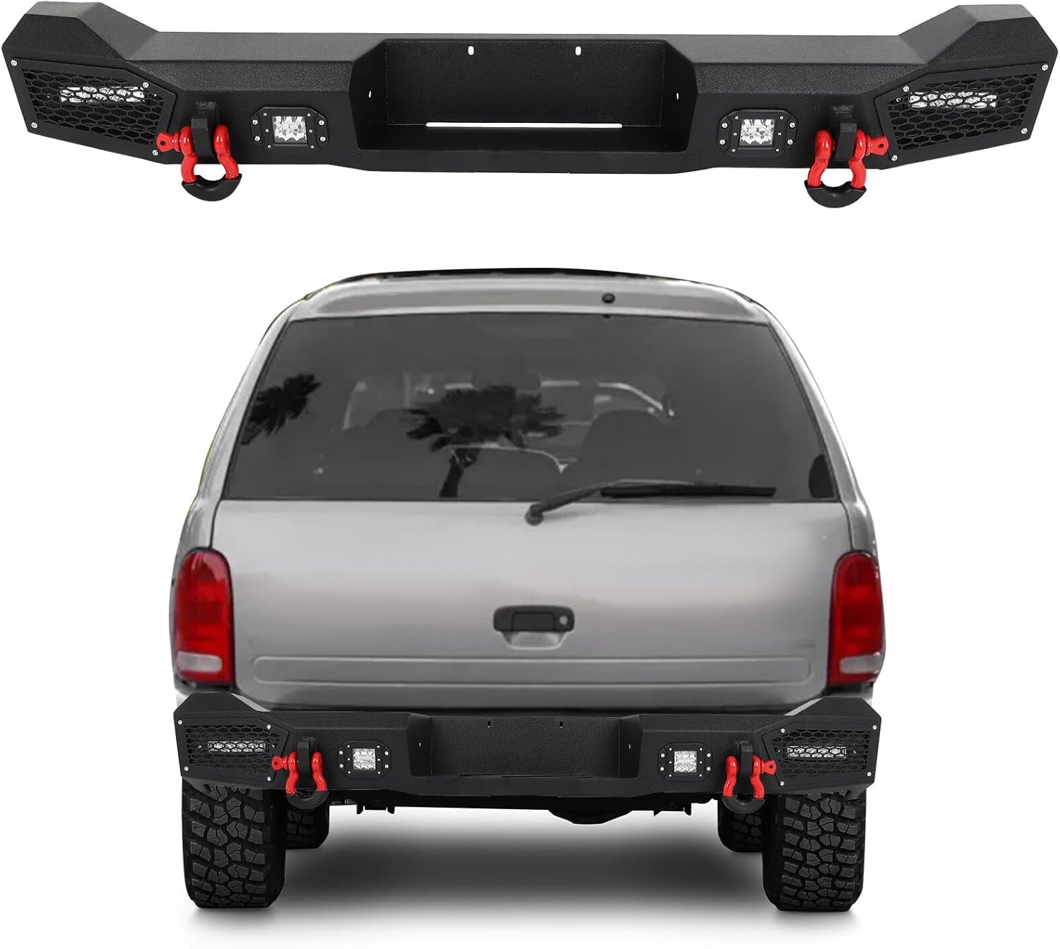 SCITOO Heavy Duty Steel Rear Bumper Fit For 1998-2003 For Dodge Durango Texture Black Bumper With D-Ring & With License Plate Lights