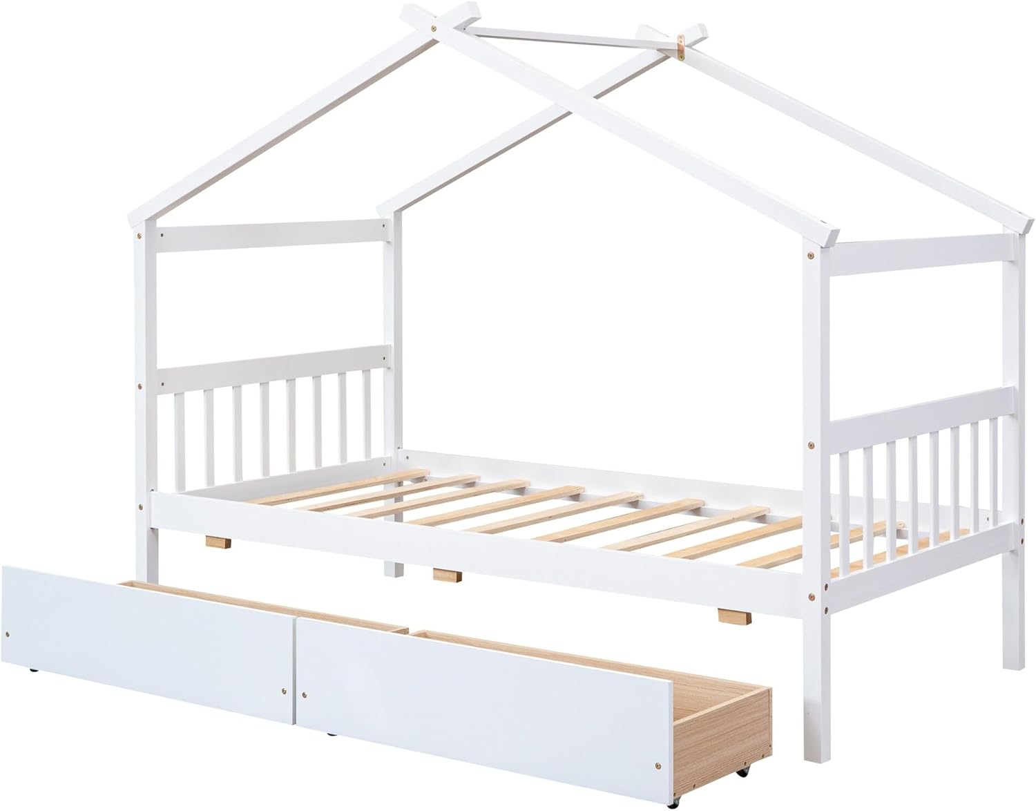 Twin Size Pine Wood House Bed with Storage Drawers for Kids White