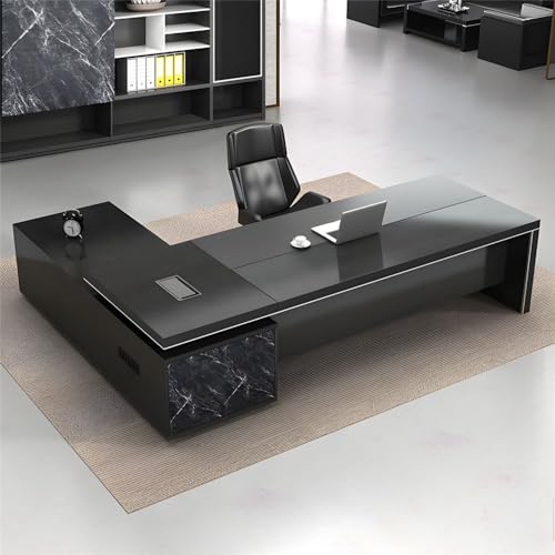 NIUYAO L-Shape Executive Desk Computer Desk with 2-Drawers Modern Writing Table Storage Shelves Work Desk PC Table Home Office Study Desk without Chair -79