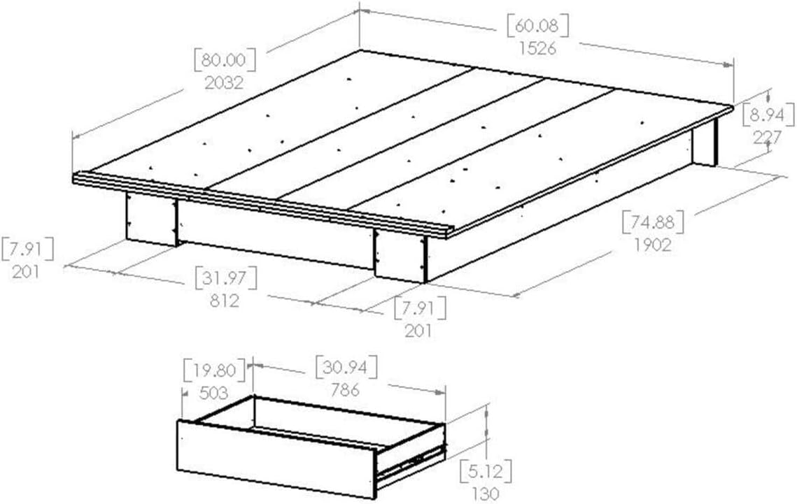 Vintage Vogue Platform Bed with Drawer Pure White Finish, Weathered Oak Finish - 80