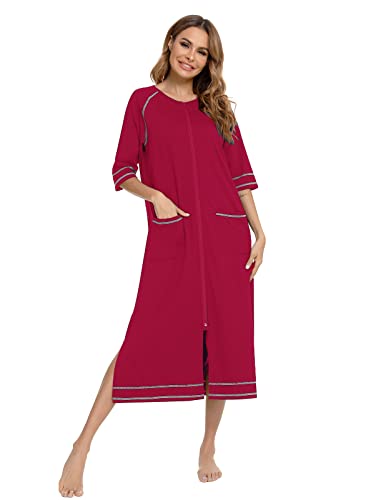 Veseacky Women Robe Zipper Front House Coat 3/4 Sleeve Nightgown Full Length Ladies Lounge Dress with Pockets S-XXL