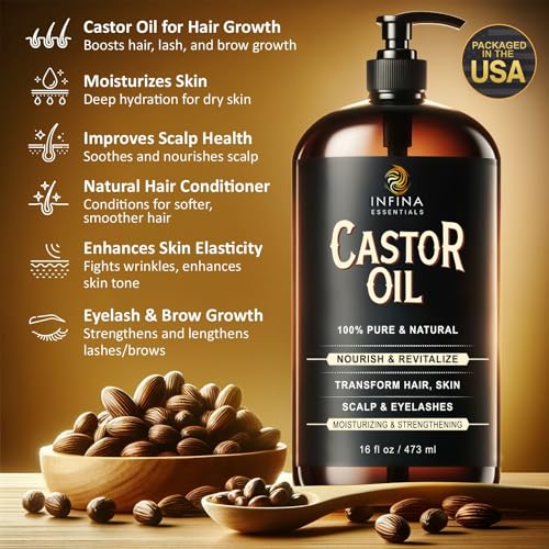 Pure Castor Oil Cold Pressed Hexane Free - Castor Oil Glass Bottle, Cold Pressed Castor Oil for Hair Growth, Face, Scalp, Skin, & Eyelashes - Nourish & Moisturize - 16 fl oz