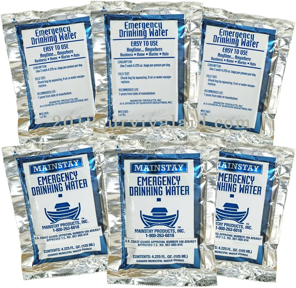 Emergency Water Pack -3 Day Survival Rations (6x4.2oz. Pouches) 5 Year Shelf Life USCG Approved