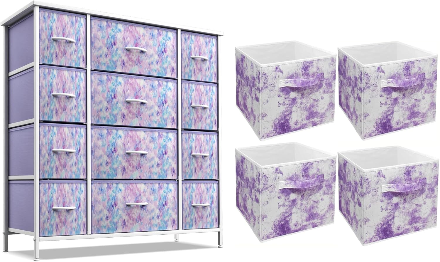 Sorbus Tie Dye Dresser with 12 Drawers + 11 Inch Purple Tie Dye Cube Storage Bins (4 Pack) Bundle - Matching Set - Storage Unit Organizers for Clothing - Bedroom, Closet, Office Organization
