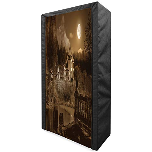 Ambesonne Gothic Portable Fabric Wardrobe, Photo of Old Medieval Myst House in Retro Vintage Color at Full Moon Boho Style, Clothing Organizer and Storage Closet with Shelves, 33.5