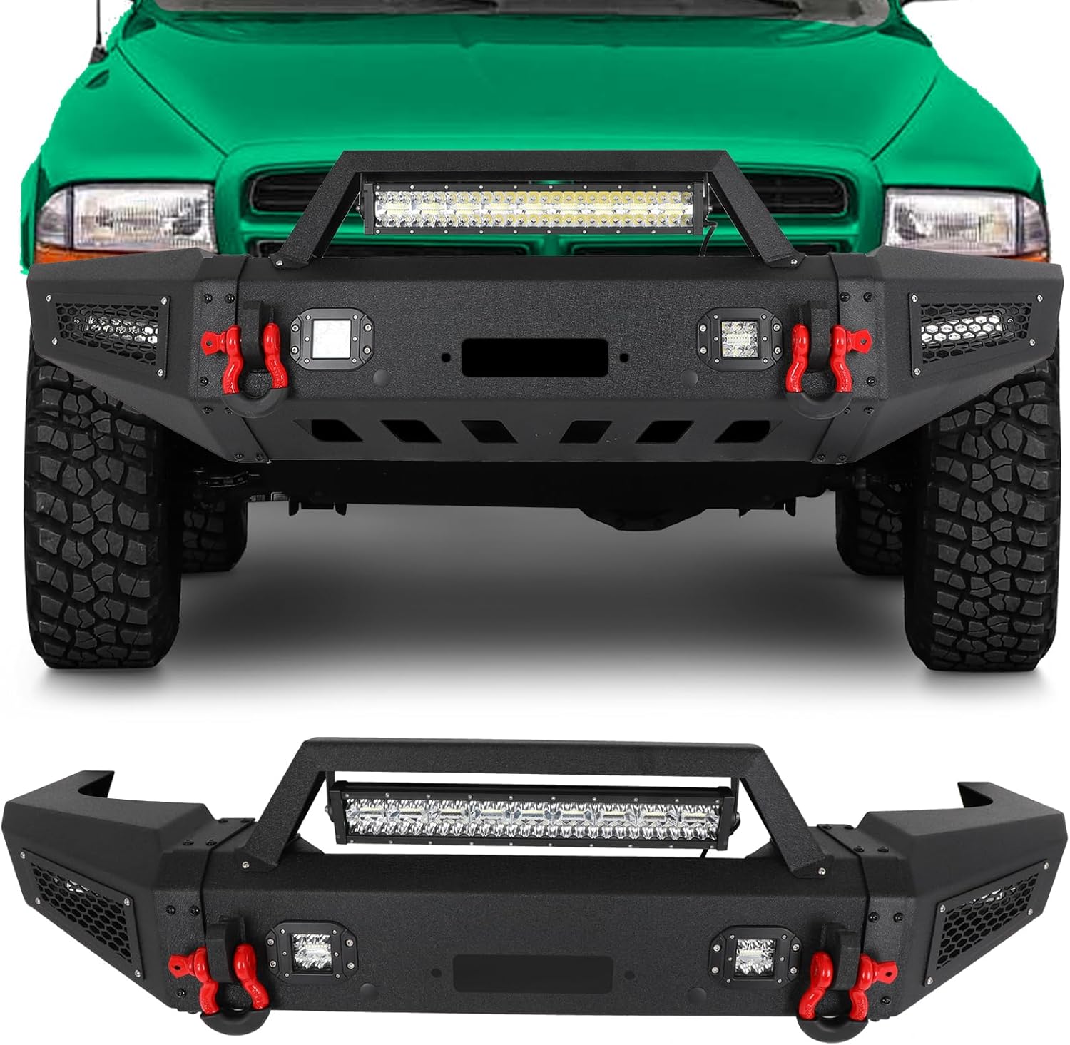 SCITOO Steel Front Bumper fit for 1997-2004 for Dodge Dakota Bumper,W/Winch Plate, D-Rings and LED Lights(Texture Black)