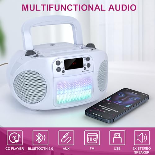 GC09 Kids Boombox, Top Loading CD Player, Bluetooth connectivity for Smartphones, Effortless AUX, USB, Radio and MP3 connectivity, Sing Along Function (Microphone not Included)- White