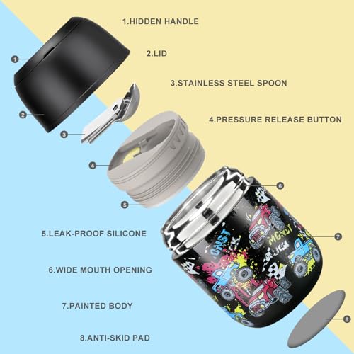 17 oz Insulated Lunch Containers Hot Food Jar, Wide Mouth Lunch Thermo for Kids Adults, Vacuum Stainless Steel Lunch Box With Handle Folding Spoon for School, Office (Blue-Pink)