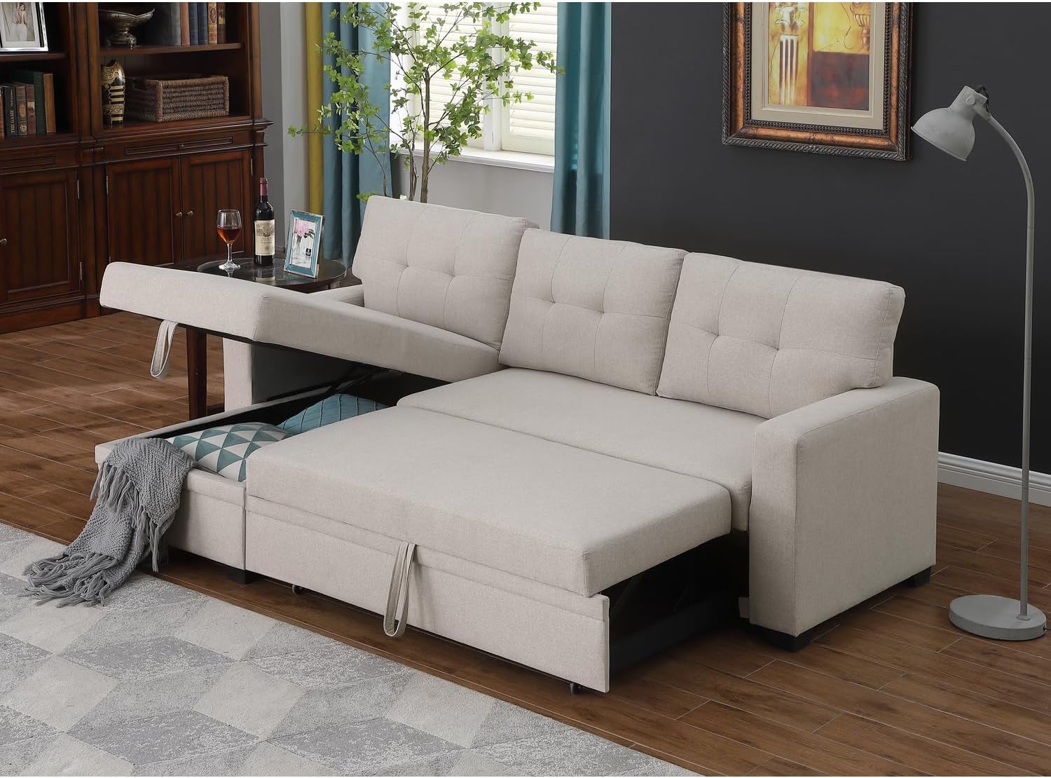 Devion Furniture Polyester Fabric Reversible Sleeper Sectional Sofa-Beige