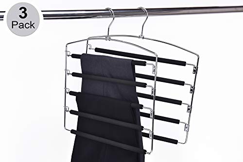 3 Quality Multi Pants Hangers, Real Heavy Duty, Space-Saving Multi-Bar Metal Hangers, Stable with Non-Slip Foam Padding, Swivel Hook for 5 Jeans Each, Suit Pants, Scarves, Towels, Trousers (Pants, 3)
