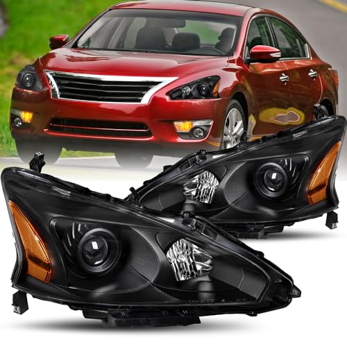 Headlight Assembly Set for 2013 2014 2015 Nissan Altima 4-Door Sedan Halogen Headlamp Driver and Passenger Side Chrome Housing with Amber Reflector