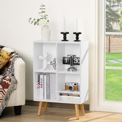 YAHARBO 2 Cube Bookshelf, White Record Player Stand with Vinyl Storage Up to 100 Albums, Horizontal Low Book Shelf, Mini Bookcase with Storage Organizer, Small Turntable Stand for Living Room, Bedroom