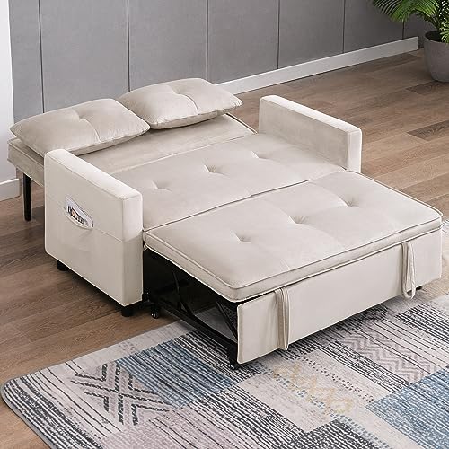 BALUS 3 in 1 Sofa Bed, 57 Inch Loveseat with Adjustable Backrest, Pull Out Sofa Couch with Side Pocket, Foldable Futon Sofa Bed，Small Sleeper Sofa for Living Room/Bedroom/Guest Room, Light Gray