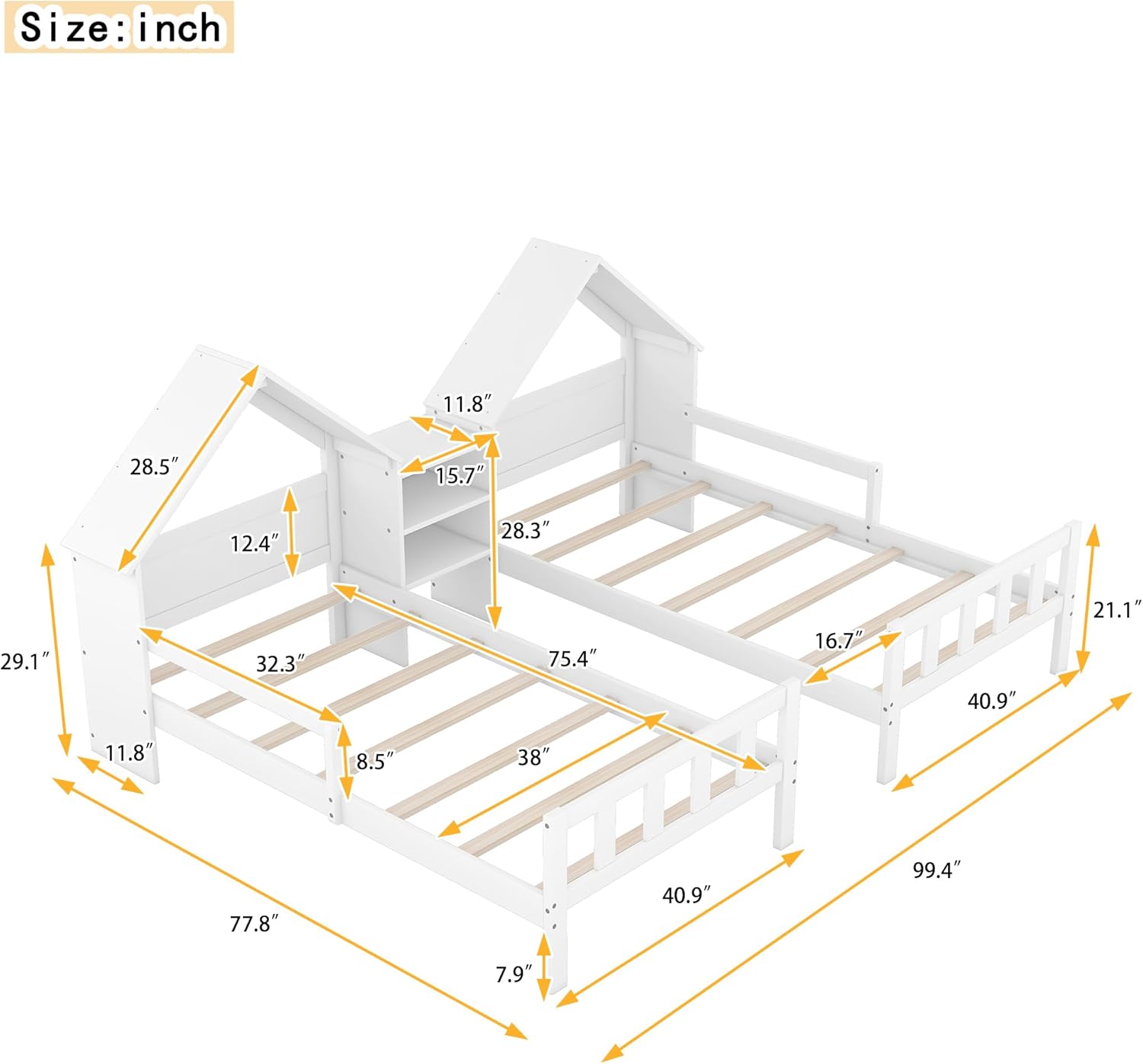 Double Twin Size Platform Bed with House-Shaped Headboard and a Built-in Nightstand, White