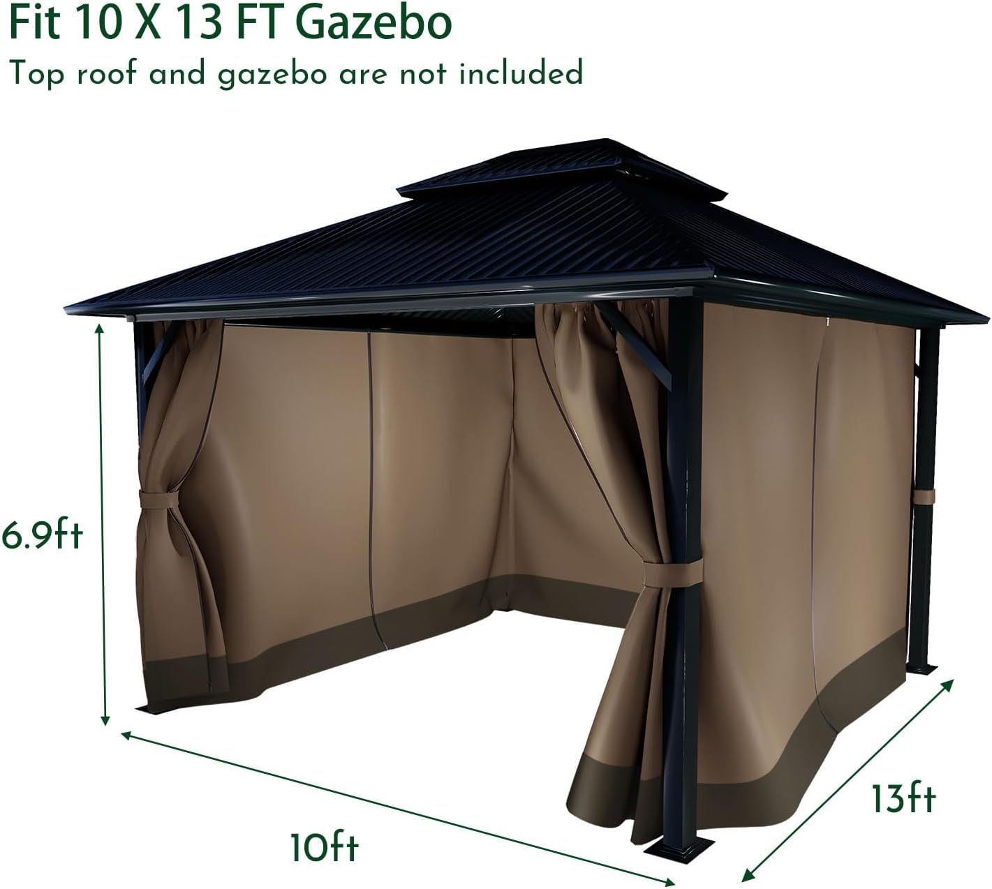 COWVIE Gazebo Curtain Replacement Universal 4-Panel Sidewalls 10' x 13', Patio Gazebo Privacy Curtains with Double Zipper, Replacement for Patio, Outdoor Canopy, Garden and Backyard (Curtain Only)
