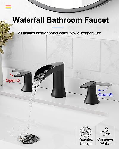 Brushed Nickel Widespread Bathroom Faucet, 2 Handles Waterfall Faucet, Bathroom Faucets for Sink 3 Hole, 8 Inch Solid Brass Bathroom Sink Faucets for Vanity Lavatory Restroom with Pop Up Drain