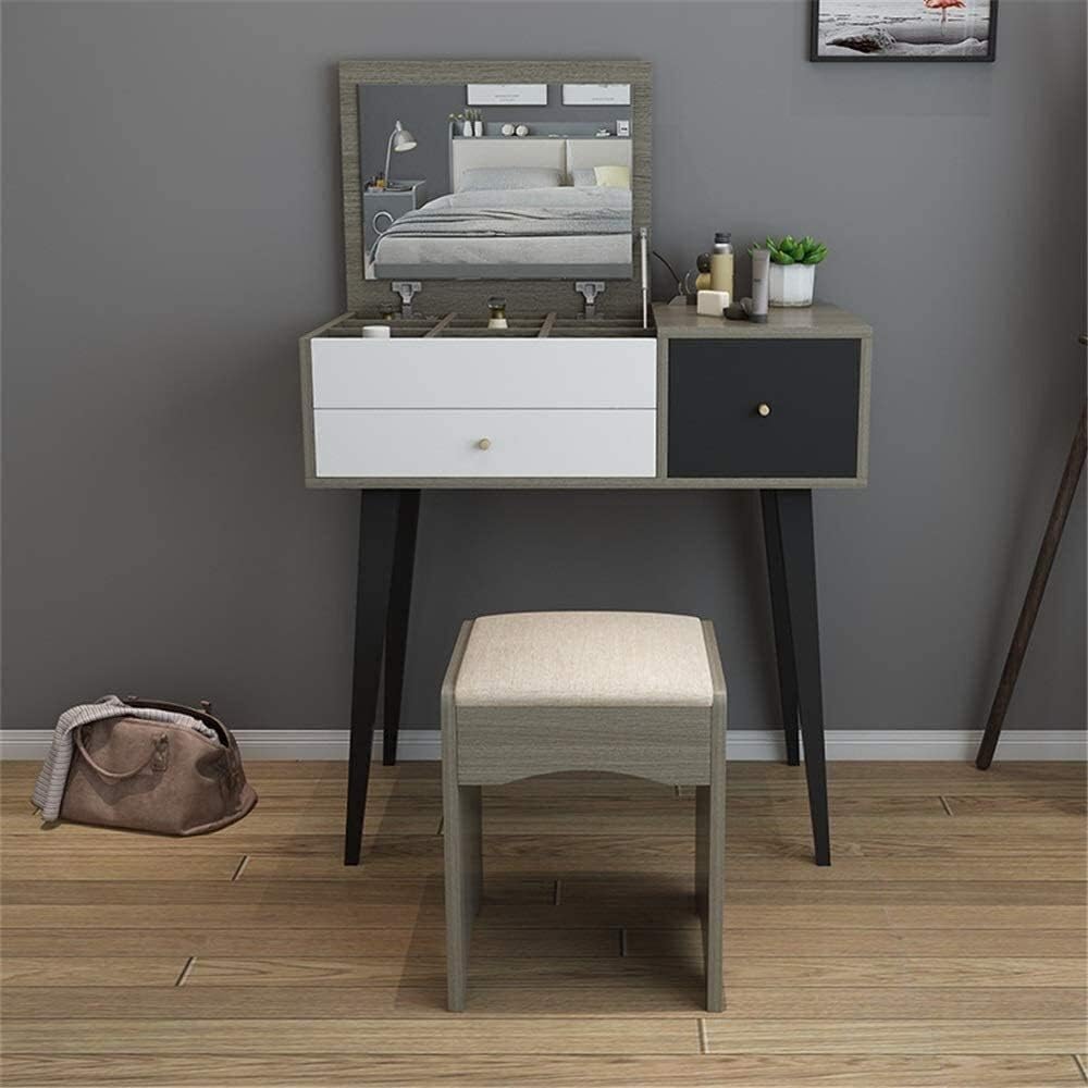 Luxury Dressing Vanity Table w/Stool for Bedroom, 2 in 1 Makeup Vanity Desk Dressing Table Small Apartment Mini Bedroom Stool Combination with Mirror Storage
