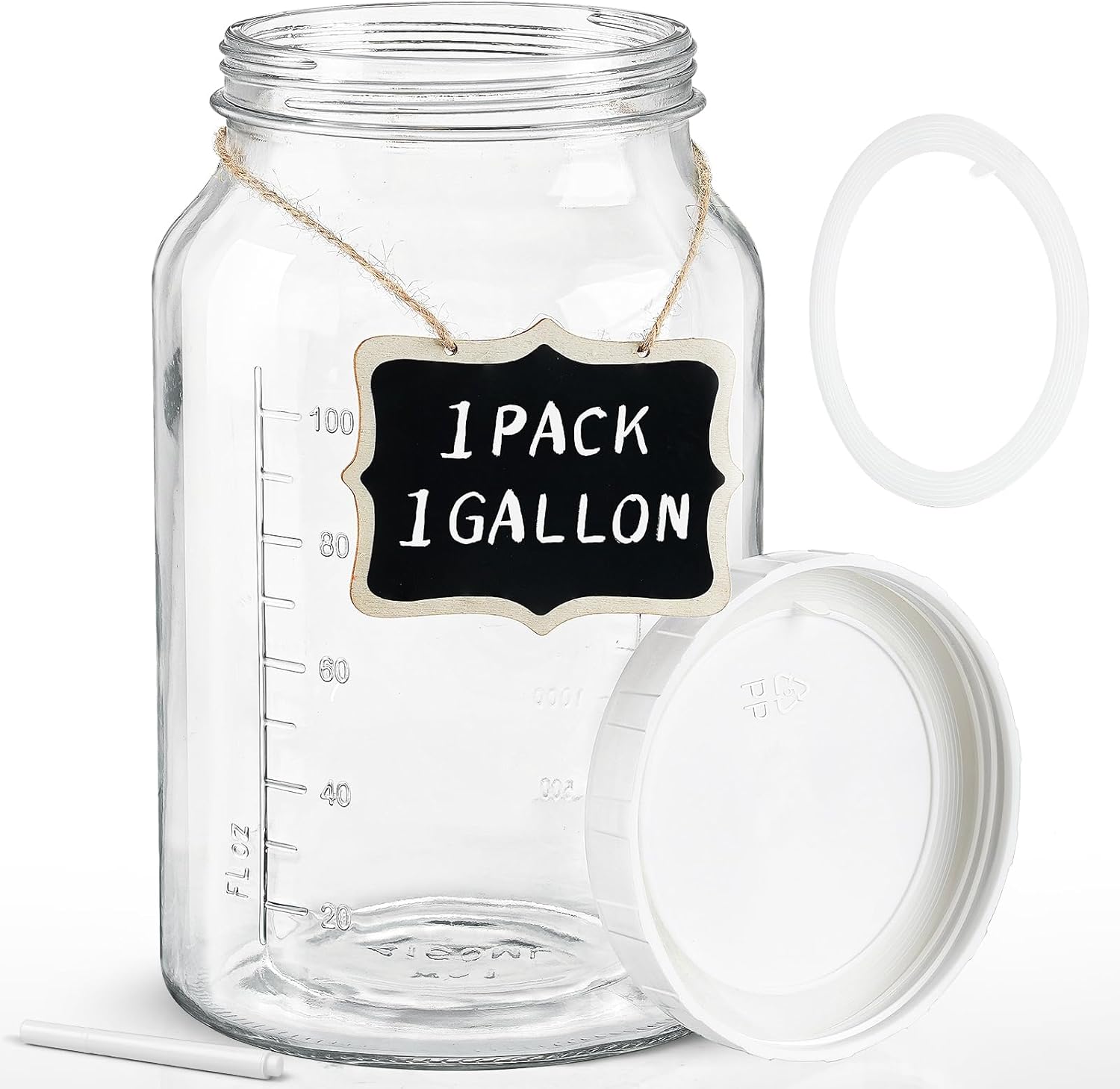 1 Pack Wide Mouth 1 Gallon Clear Glass Jar w Lid, Heavy Duty 100% Airtight Screw Lid w Silicone Gasket - Mason Jar w 2 Scale Mark for Fermenting Kombucha and Storing Food. Free 1 Gasket