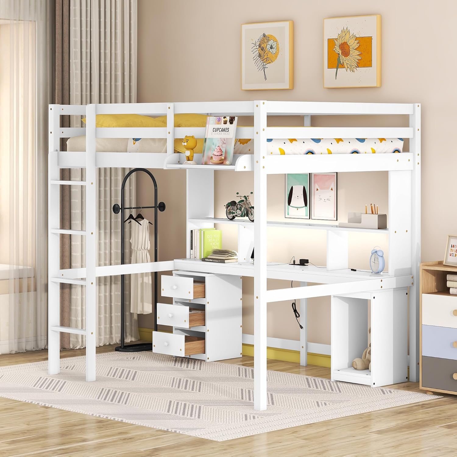 Full Size Loft Bed with Multi-Storage Desk, LED Light and Bedside Tray, Charging Station, White