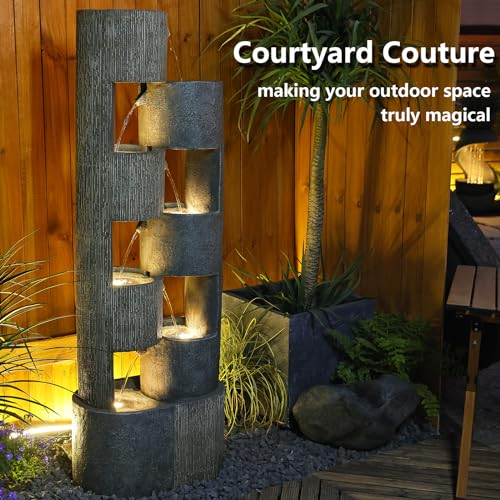 Garden Water Fountains Outdoor 5 Tiered Cascading Bowl Modern Waterfall Fountain with LED Lights, Natural Stones for Garden, Living Room, Patio, Yard Art Decor, 16.3