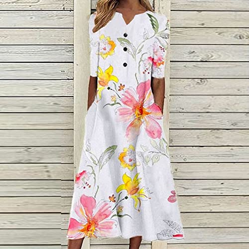 Dresses for Women 2024 Button Down Pocket Long Dress Floral Printed Half Sleeve Dresses V Neck Comfy Beach Dress