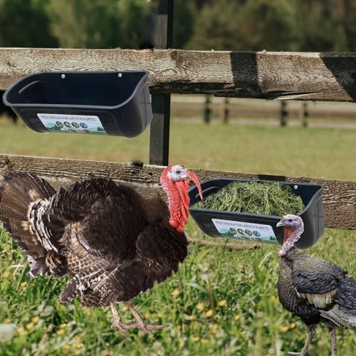 Goat Feeder, Hanging Chicken Feeder, 2 Pack Fence Feed Trough for Deer Sheep Duck Poultry Feeding Container Waterer Bucket with Clips for Livestock
