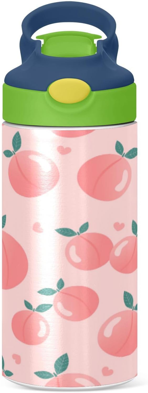 Pink Peach Water Bottle for Kids, 12 oz Leakproof Double Walled Insulated Stainless Steel Water Bottle Travel Tumbler with Straw Lid for Girls Boys Toddlers