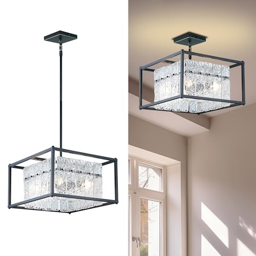 Modern Square Pendant Light for Dining Rooms, Black L7 Elegant Water Ripple Crystal Chandeliers, Farmhouse Chandelier Light Fixture for Kitchen Island, Living Room, Foyer.…