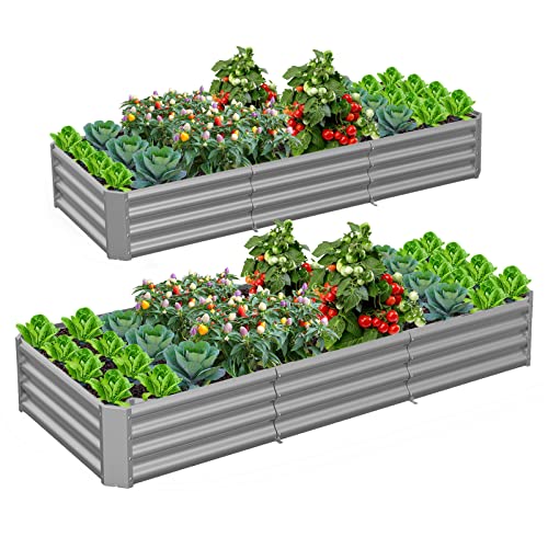 2 Packs Galvanized Raised Garden Bed Large Metal Elevated Planter Box Kit for Outdoor Vegetable Flower Herb Rectangular Steel Bottomless Frame Gardening Patio Decors (Ivory White, 8X3X1 FT)