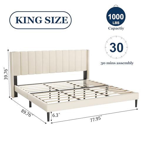 Full Size Bed Frame with Headboard,Vertical Channel Tufted Wingback No Box Spring Needed, Mattress Foundation, Easy Assembly, Pink