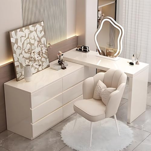 White Makeup Vanity - Vanity Desk with 6 Drawers & Smart LED Lights Mirror, Luxury Large Bedroom Dressing Table Include Chair, Suitable for Her (39'')