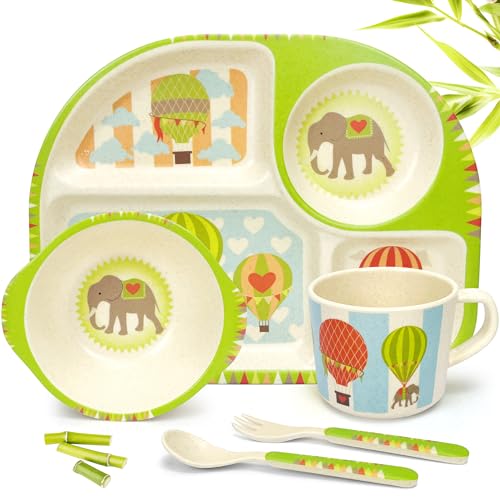 5 Pcs Bamboo Kid Plate and Bowl Set, Unbreakable Plastic Toddler Feeding Set Children Dinnerware Set Include Divided Plate, Bowl, Cup, Spoon, Fork, Durable Cartoon Tableware (Orange Elephant)