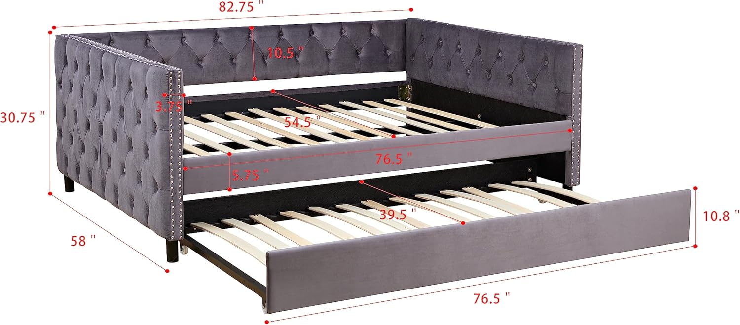 Full Size Upholstered Daybed with Trundle and Wheels, Velvet Upholstered Day Bed Sofa Bed with Button and Copper Nail on Square Arms, Ideal for Bedroom, Living Room, Guestroom, Gray