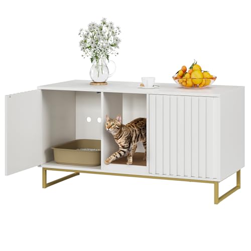 Fienveorn Cat Litter Box Enclosure for 2 Cats, 47.6’’ Litter Box Furniture Hidden with Cat Scratch Pad, Double Room Large Cat Cabinet, Indoor Cat House TV Stand Side Table,Cat Washroom