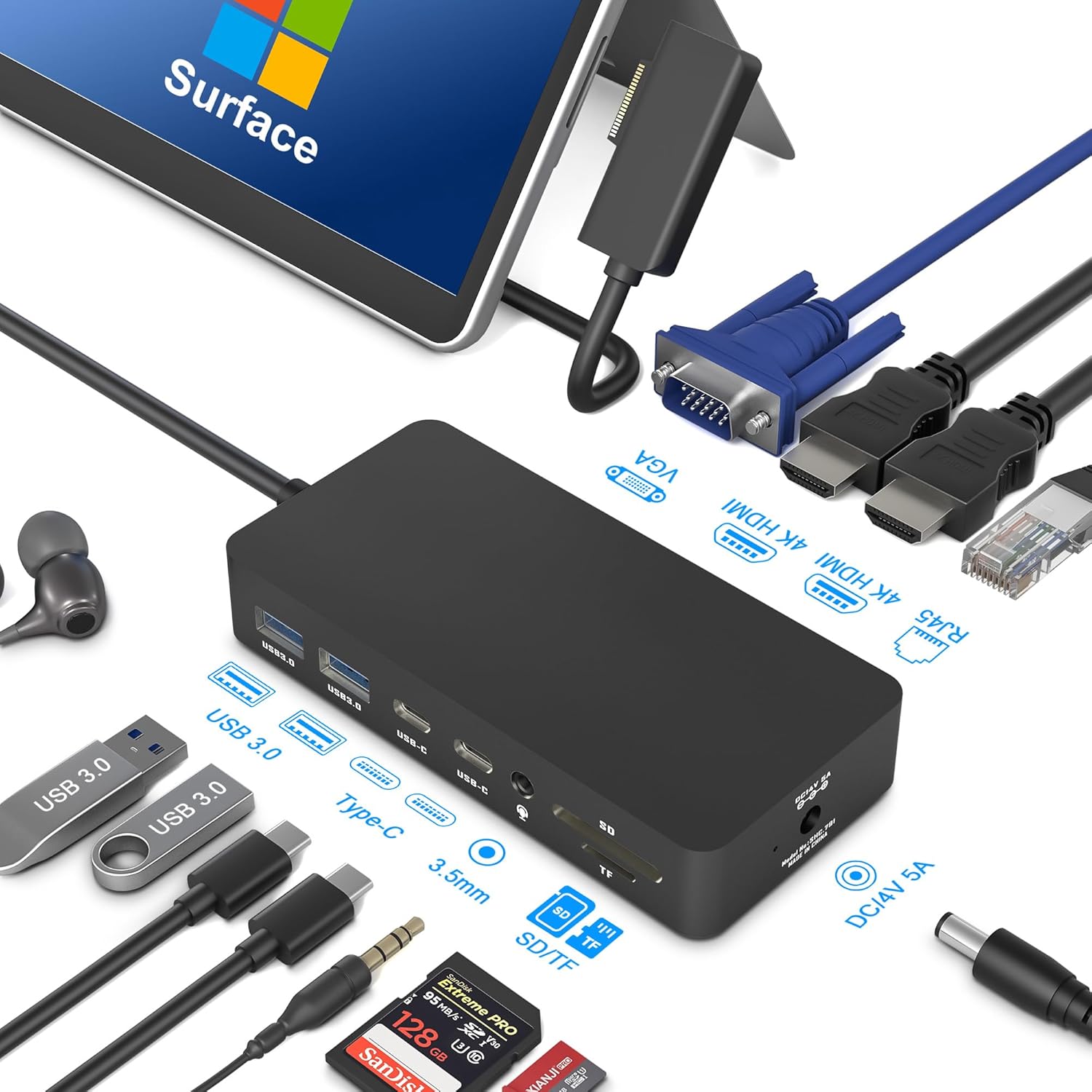 Microsoft Surface Docking Station with Triple Displays Dual HDMI+VGA, 12 in 1 Surface Dock for Surface Pro 11/10/9/8/X/7/6/5/4/3, Surface Laptop 6/5/4/3/2/1, Surface Laptop Go 3/2/1, Surface Book