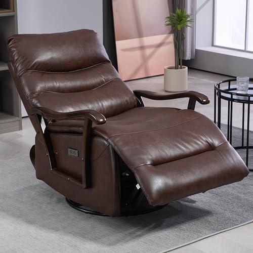 Power Swivel Recliner Chair for Adults, Upholstered Faux Leather Recliner with Wood Armrest, USB Ports, Infinite Position, Oversized Rocker Glider Reclining Single Sofa Chair