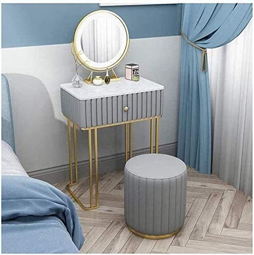 Luxury Dressing Vanity Table w/Stool for Bedroom, Makeup Vanity Simple Small Dressing Table, Home Bedroom Mini Dressing Table, Nordic Style, Marble Countertop, with Makeup Mirror(60cm)