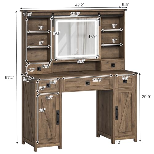 AOGLALTI Farmhouse Vanity Desk with Mirror and Lights, Makeup Vanity with Lights & Charging Station, Large White Vanity Table with Ample Storage Space and Sliding Mirror (White)