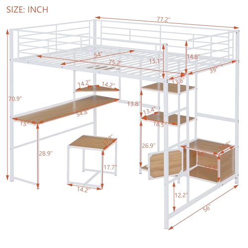 Full Size Loft Bed Frame for Boys Girls Kids Adults Toddler with Desk and Stool, Metal Loft Bed with Open-Style Wardrobe, Shelves and Cabinet, White